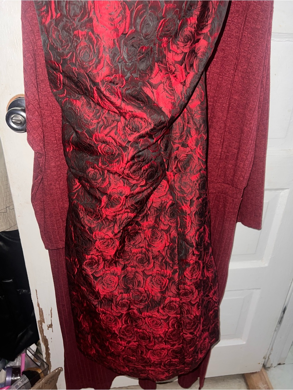 Alex Evenings Red and Black Rose Jacquard Midi Dress